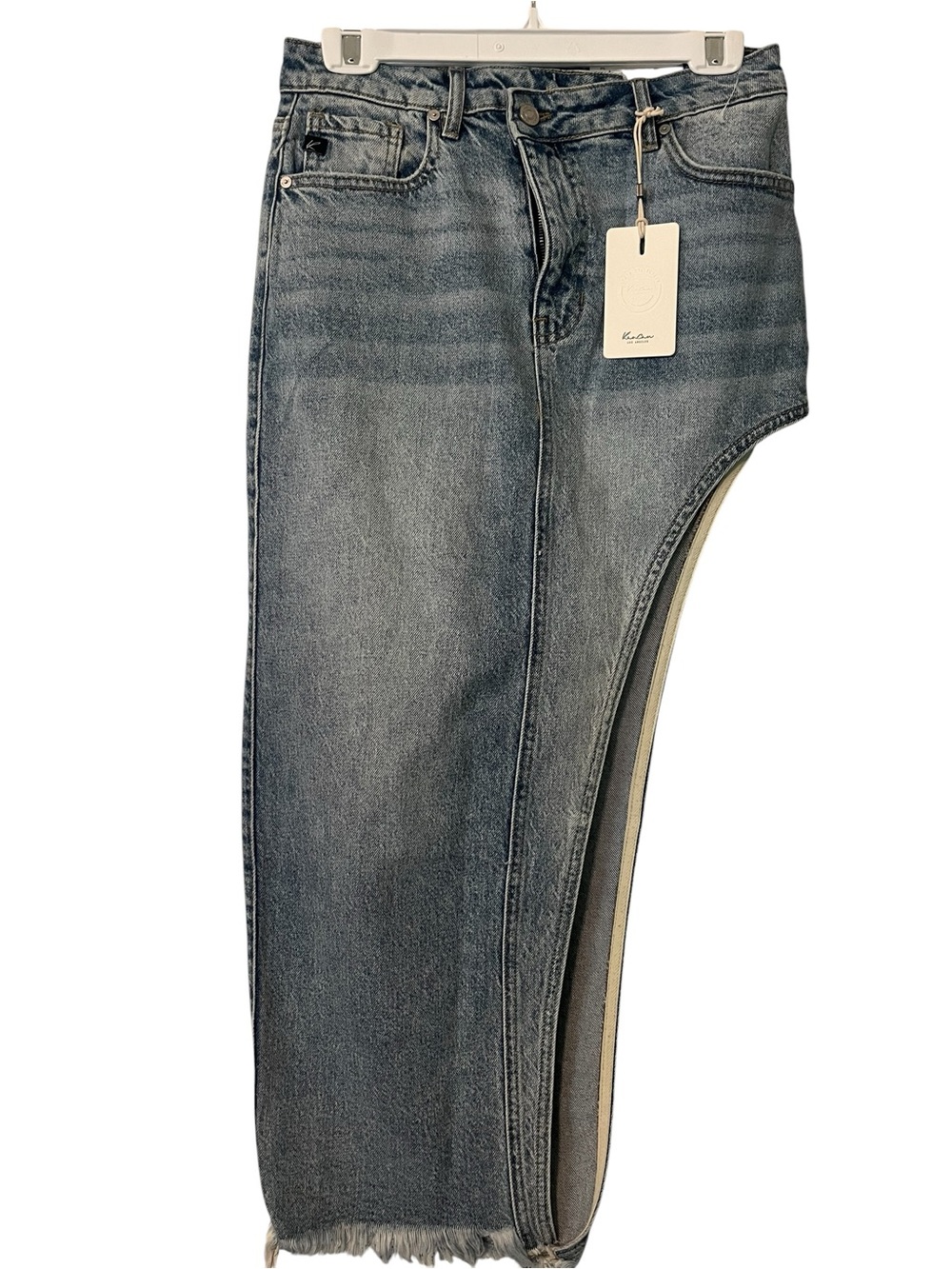 KanCan Asymmetric Denim Maxi Skirt in Washed Blue